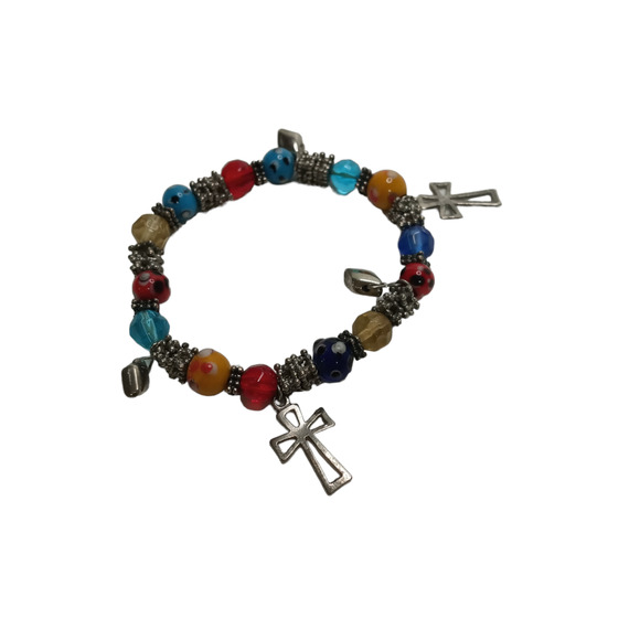 🌈 Multicolor Lampwork Bracelet w/ Cross Charms | Boho VTG Stretch - Picture 10 of 12